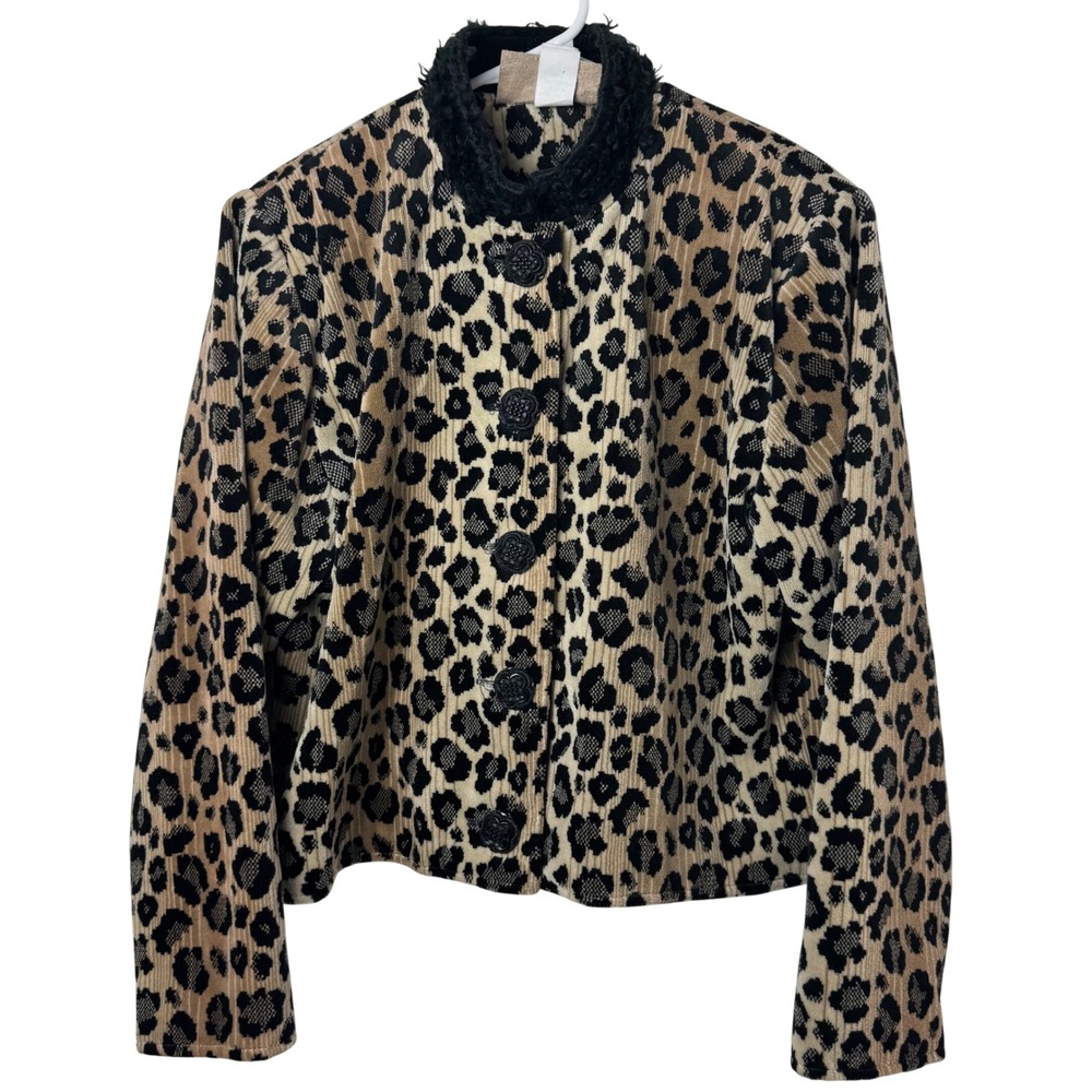 Painted Pony Jacket Women L Tan Leopard Print Faux Fur Collar Button Up Vintage